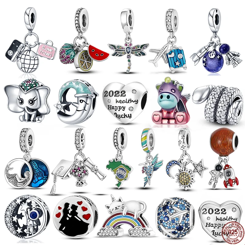 

New 925 Sterling Silver Three-piece Suitcase For Airplane And Astronaut Fit Original Pandora Bracelet Making Fashion DIY Jewelry