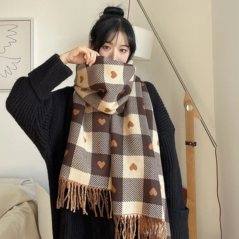 Fall Winter Imitation Cashmere Women's Double-sided Love Plaid Scarf Korean Tassel Warm Large Shawl Versatile Thick Wrap 2025 ﻿ 3