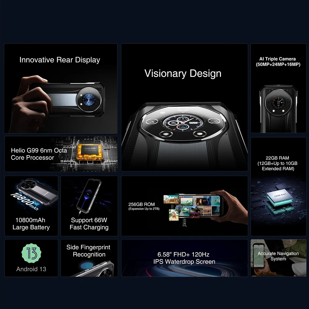 DOOGEE S110 Rugged Smartphone Android 13.0 12GB+256GB Mobile Phone 6.58 Inch 120Hz 50MP 10800mAh 66W Fast Charging Cellphone NFC