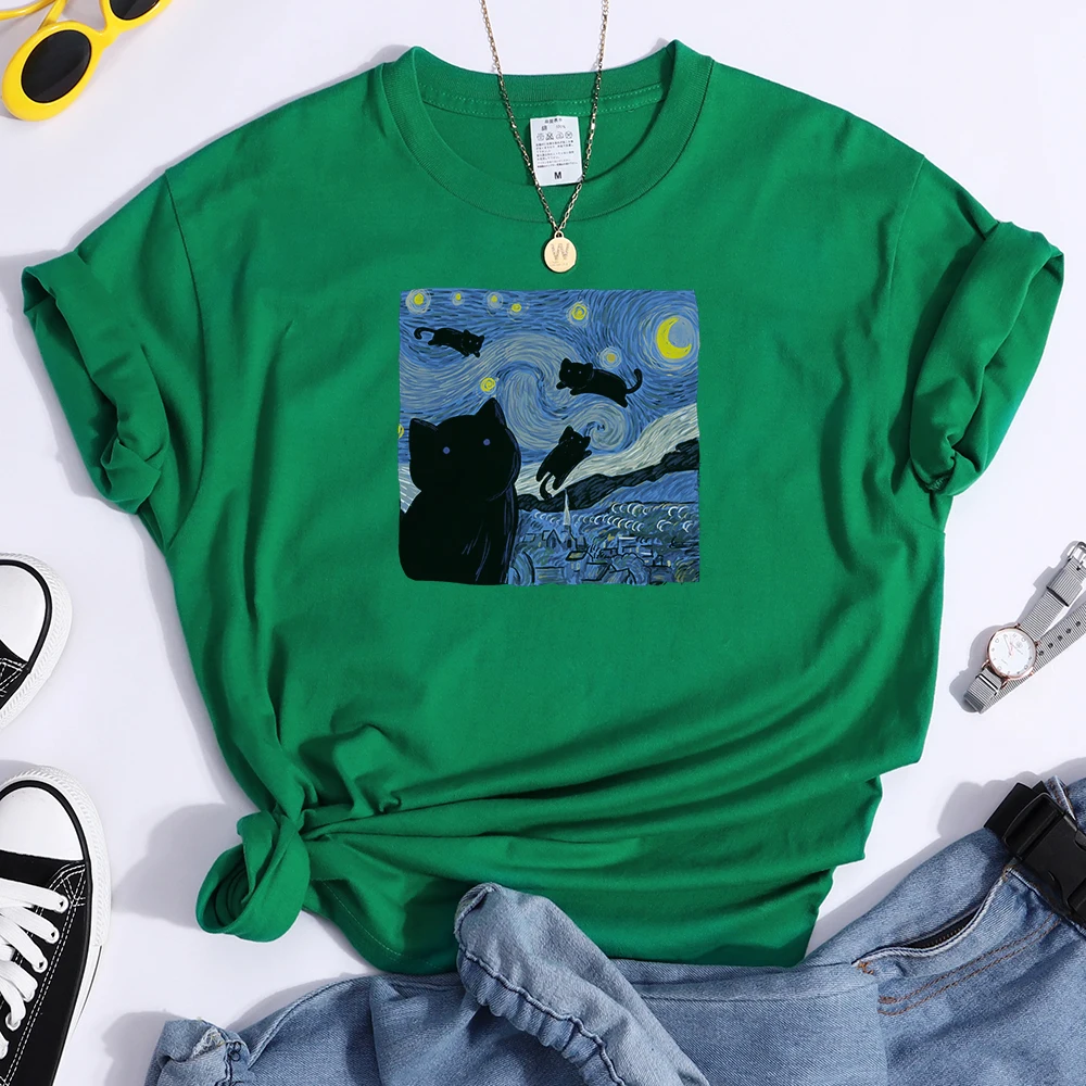 Vincent Van Gogh Starry Night Cute Cat In Painting Print Women's t-Shirt Hip Hop Soft Tops Loose Tshirt Summer Women's Tshirts
