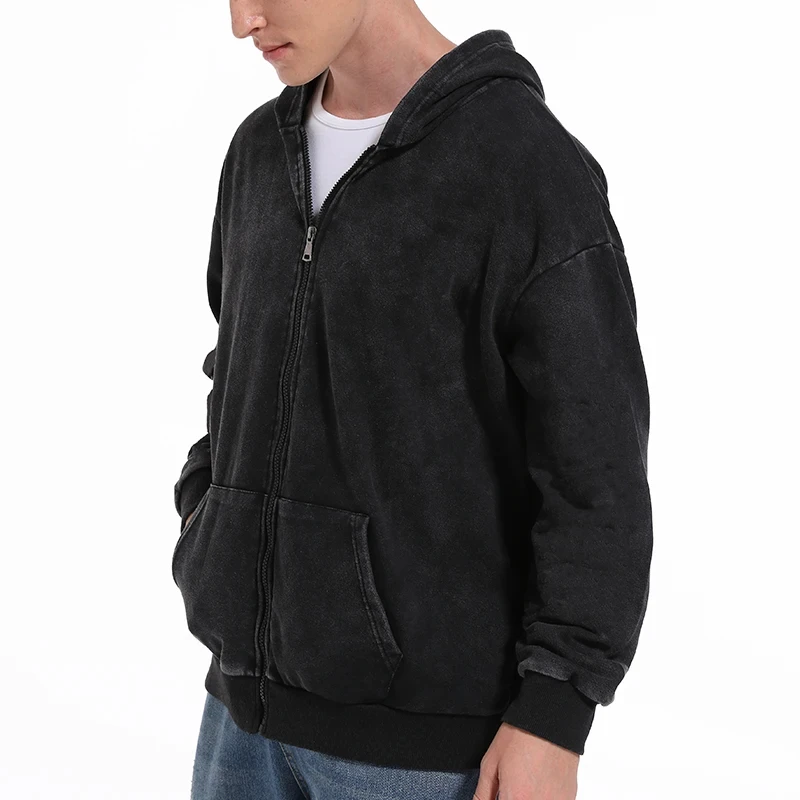 Vintage Black Zip Up Hoodies for Men Women Acid Washed