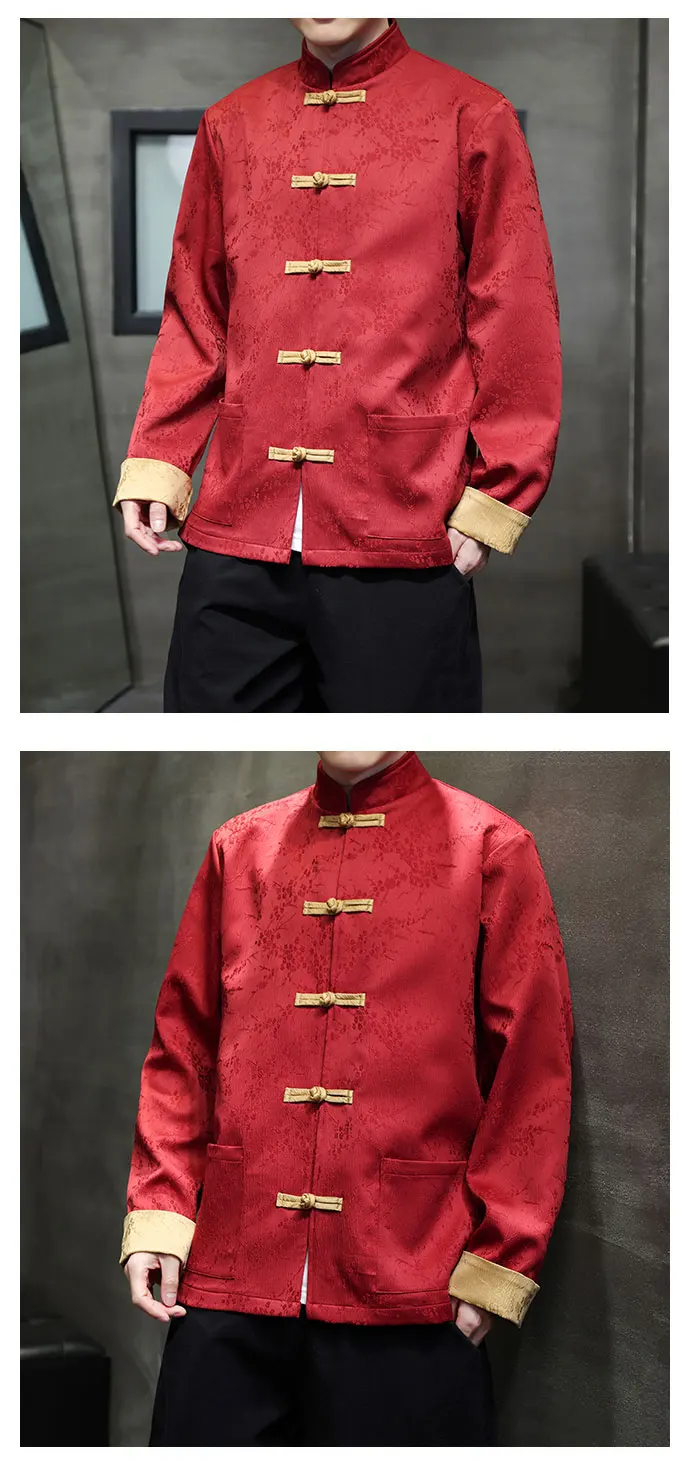 Tang Anzug Jacke für Männer Mode Jacquard Stehkragen Disc Schnalle Frühling chinesische rote Han Fu Jacken – Detail 10
