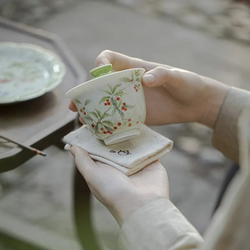 Cuipiao Cherry Hua Chu Gaiwan Hand Painted Home Ceramic Brewing Bowl Kung Fu Tea Set with Lid Heat Resistant Chinese Style Cup