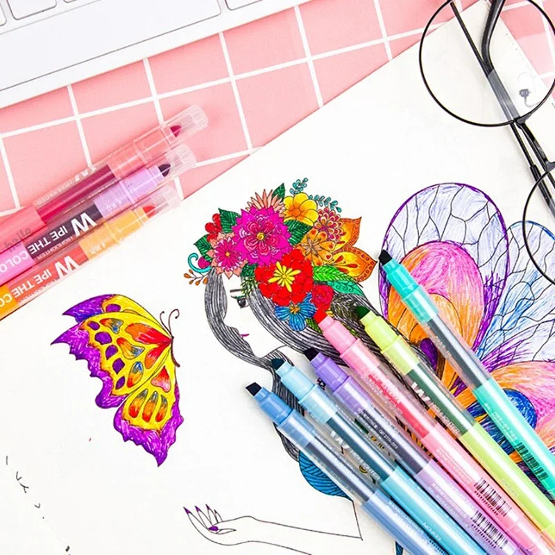 Highlighter Marker 10 Colors Erasable Dual Tip Pastel Fluorescent Pen Art Drawing Doodling School Stationary