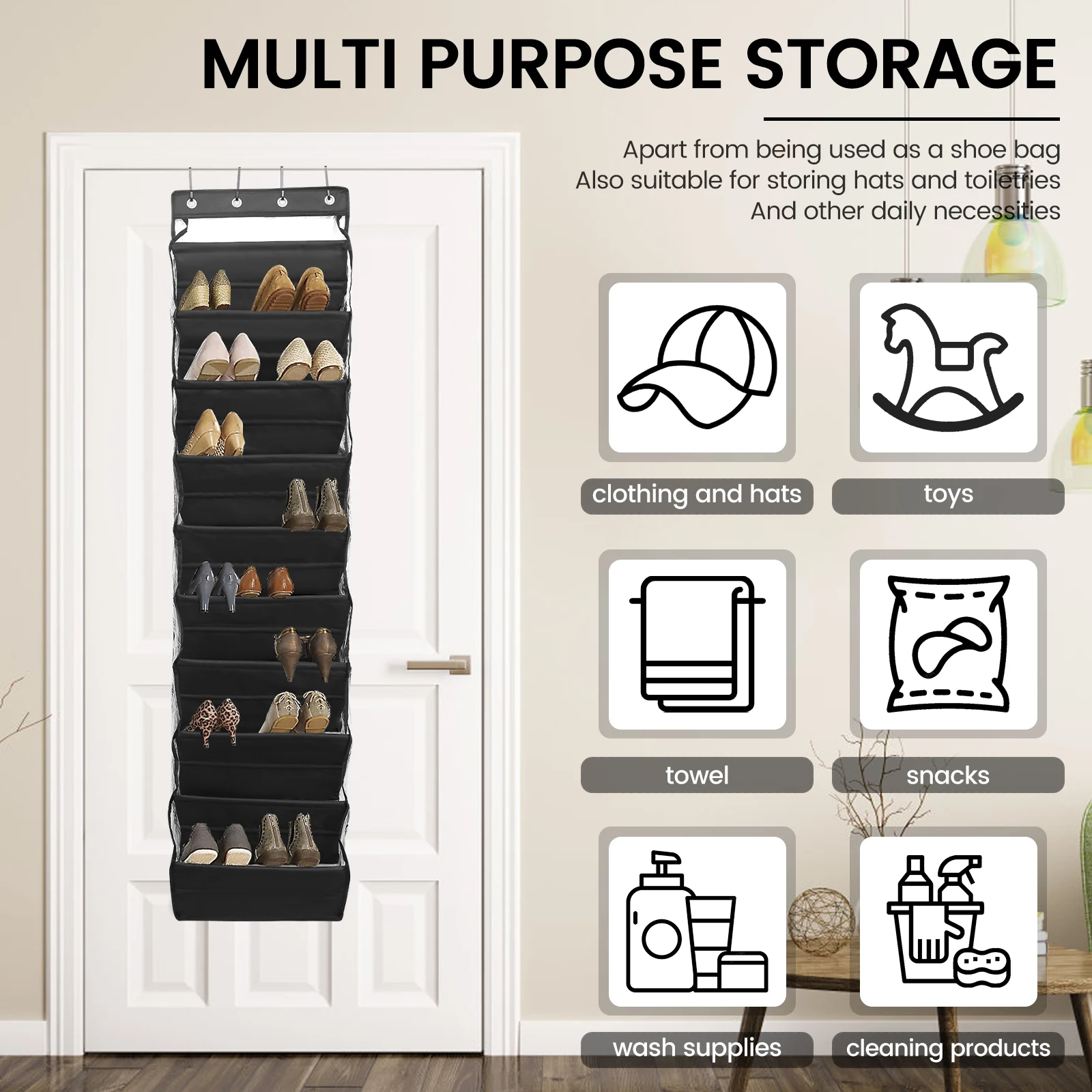 Scarpiera Da Appendere Con 28 Tasche In Rete E 4 Ganci - Organizer Per Armadio E Porta, 56x150 Cm, Tessuto Non Tessuto, Bianco - 5