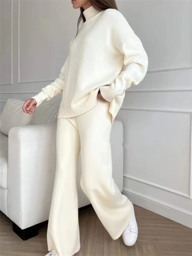 thumbnail image 1 of Conjuntos de 2 piezas de lana para mujer, otoño e invierno, chándal de punto, suéter de cuello alto y pantalones de jogging rectos, 2024, 1 of 5
