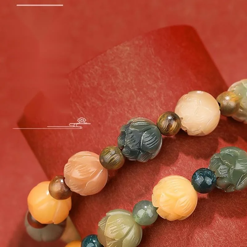 Lingyin Wealth God Same Style Rich Flower Lotus Colored Bodhi Green Sandalwood Water Grass Agate Handcarved Hand Strand, A Lot Of Money And Good Luck_voghion.com