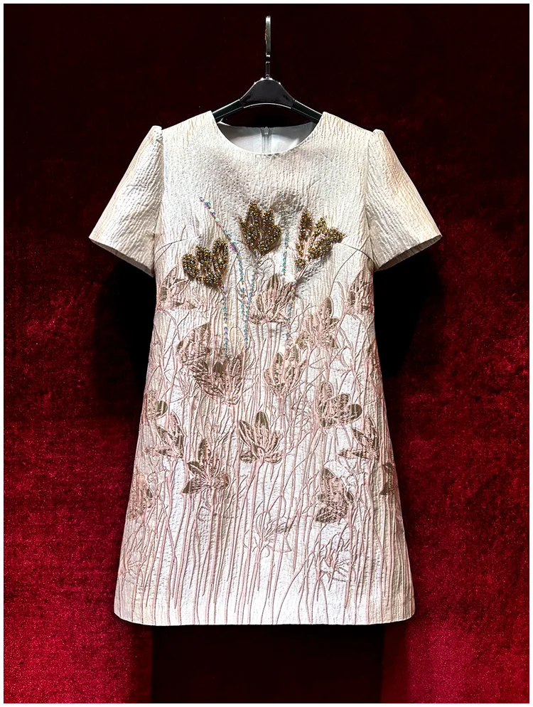 

Europe and the United States women's 2024 summer new Round neck Short sleeve beaded flower jacquard fashion Dress