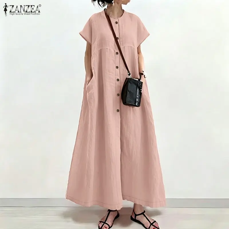 ZANZEA Fashion Summer O Neck Short Sleeve Dresses 2026 Women Casual Loose Sundress Solid Robe Elegant OL Work Dress Vestidos 3