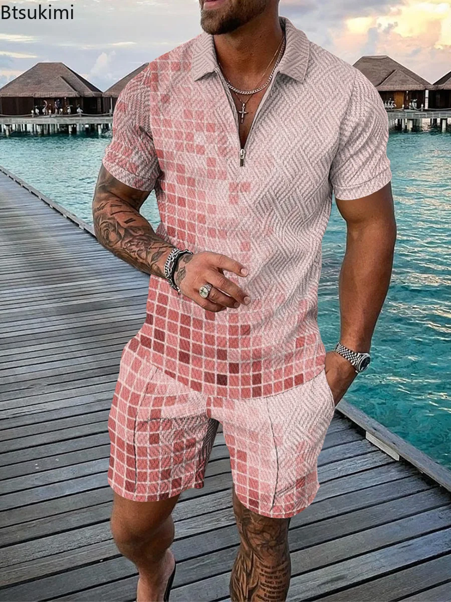 Hot Sale New Men's Fashion Printed Two Piece Sets Half Zipper Short Sleeve Polo Shirt and Shorts Casual Suit Men Trend Tracksuit