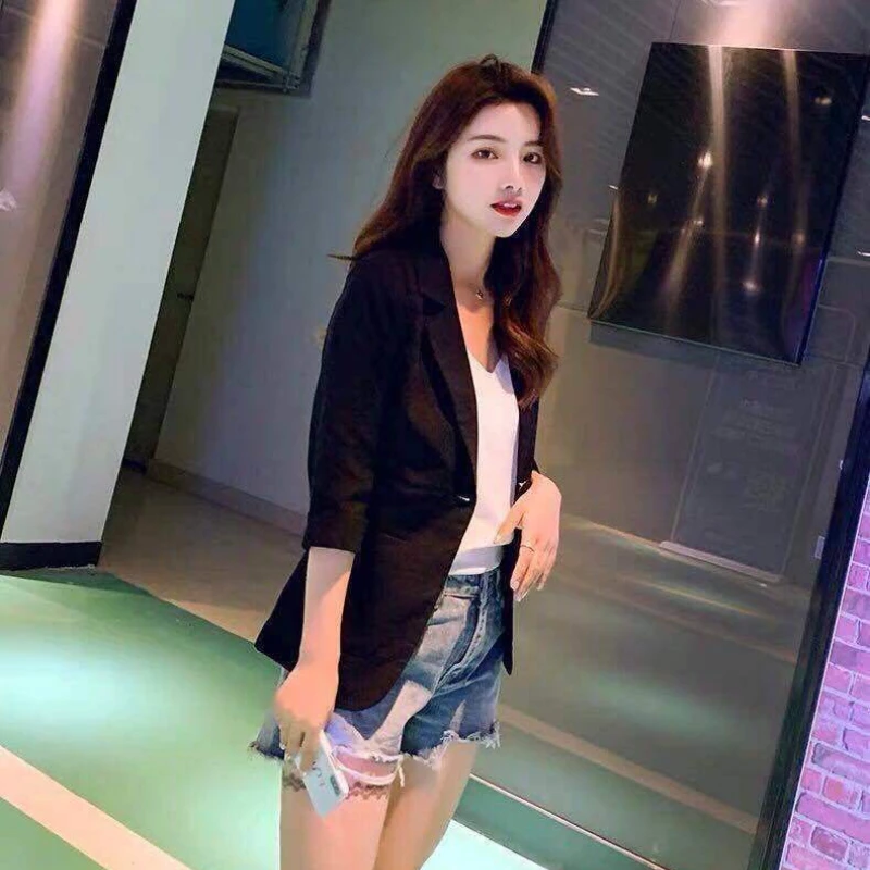 Women Formal Blazer Jackets 2023 Summer Autumn Slim Fit Office Work Notched 3/4 Sleeve Cotton Linen Blazer White Blue