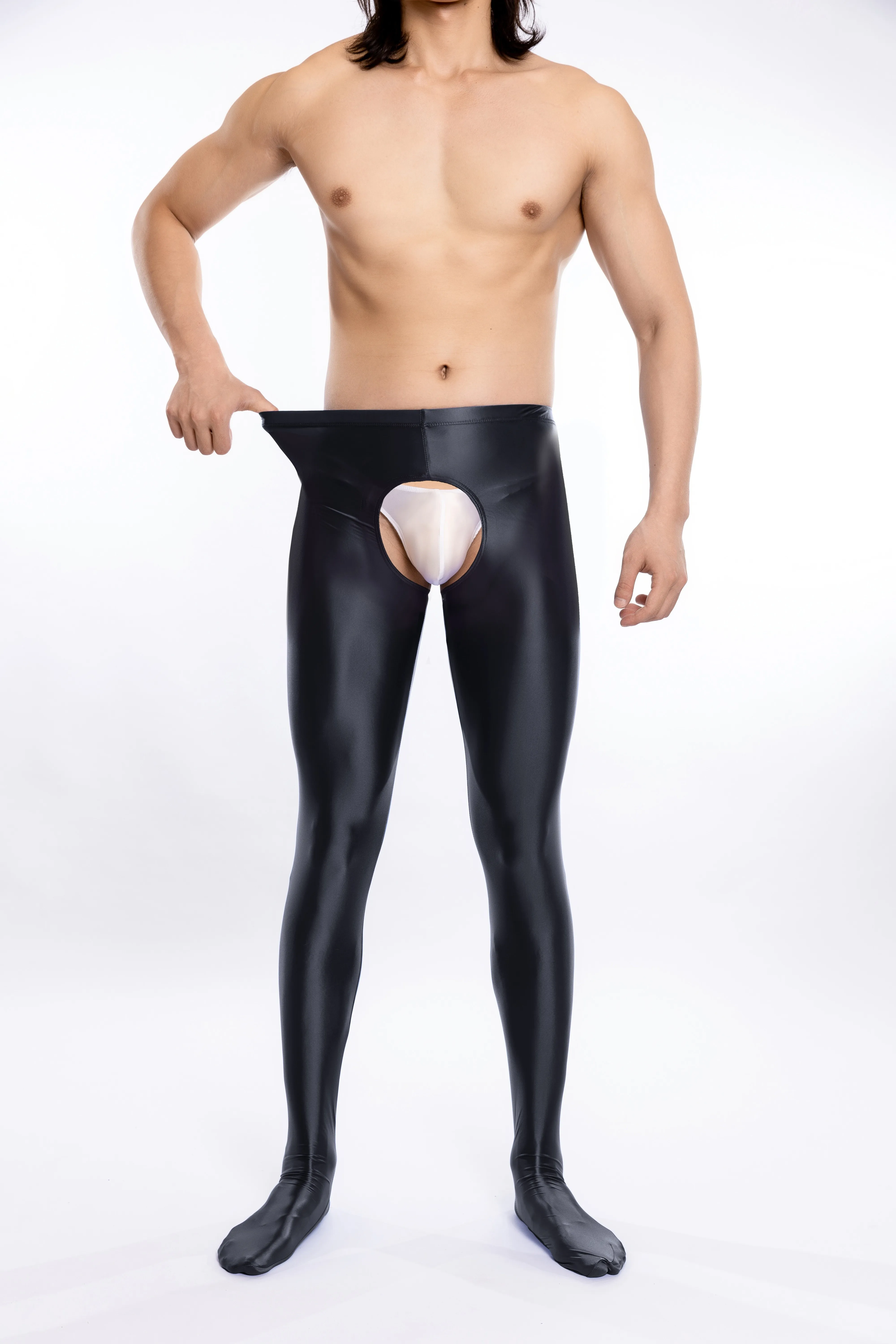 Men's open crotch leggings high waisted covered cut shiny bodysuits underwear nightclub dance costumes