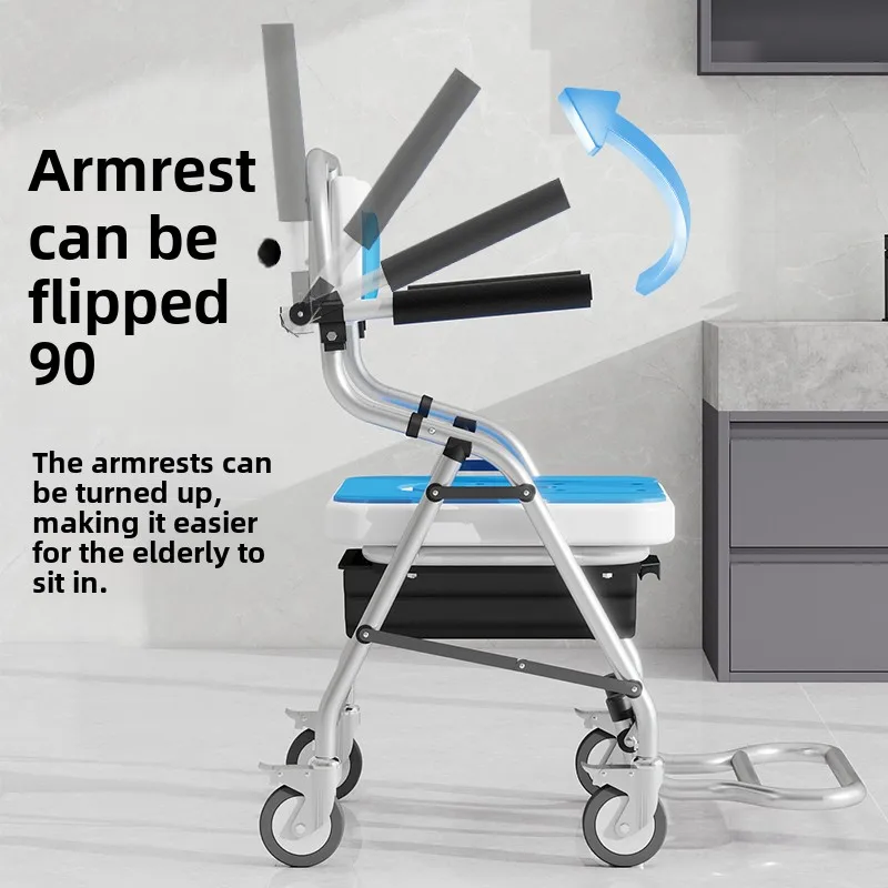 Foldable Bathroom Chair and Mobile Commode Shower Wheelchair for Elderly Handicapped Versatile Bathroom Chair Rotatable Handrail