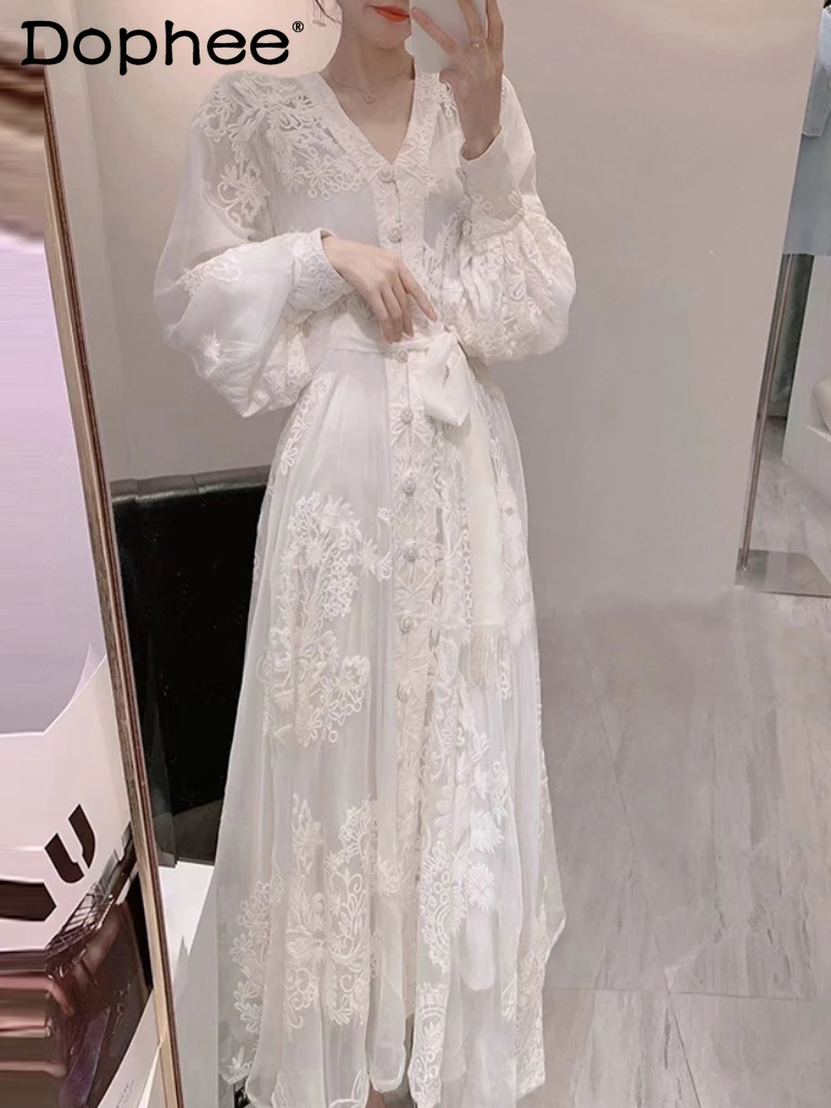 high-grade-single-breasted-white-dress-for-women-2024-spring-and-autumn-temperament-embroidery-v-neck-lantern-sleeve-long-dress