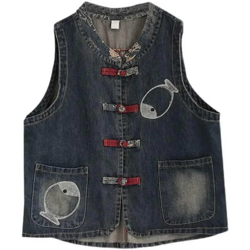 Retro Embroidery Women\'s Denim Vest Spring Autumn Sleeveless Tops Plus Size Denim Cardigan Korean Fashion Leisure Loose New Za