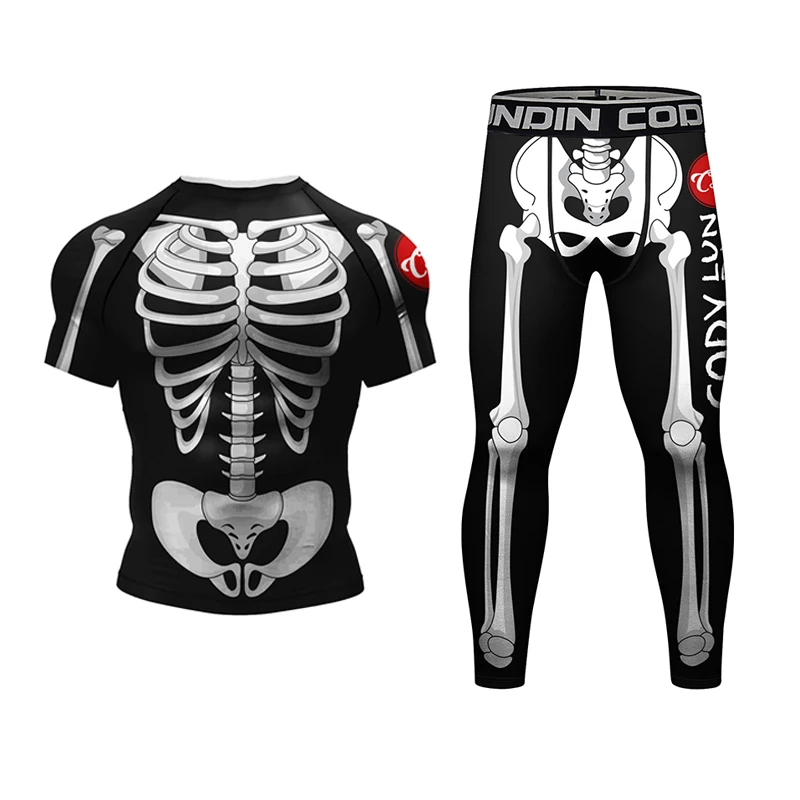 Skull Mma Compression T Shirts + Pants Rashguard Men Boxing Fightwear Thai MMA Kickboxing Shorts Grappling Dummy bjj Sport Shirts
