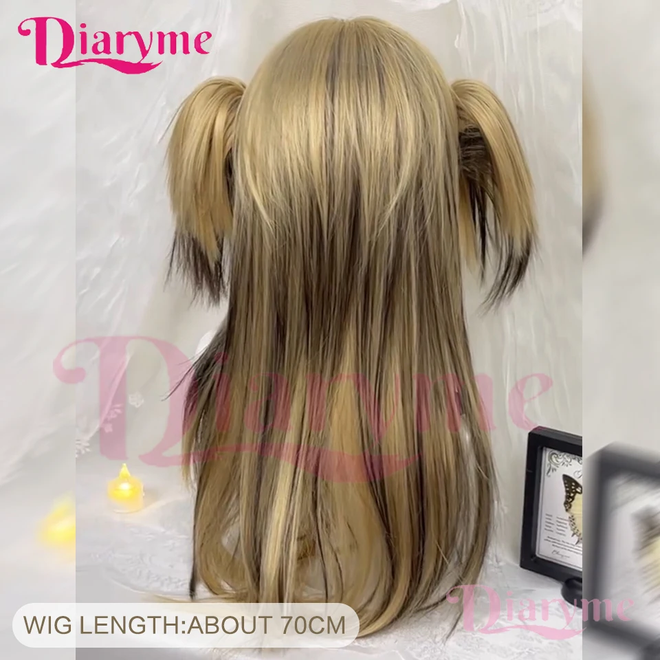 Gold Highlights Black Synthetic Lolita Wig Female Double Ponytail Wig with Bangs Suitable for Holiday Daily Cosplay Wear