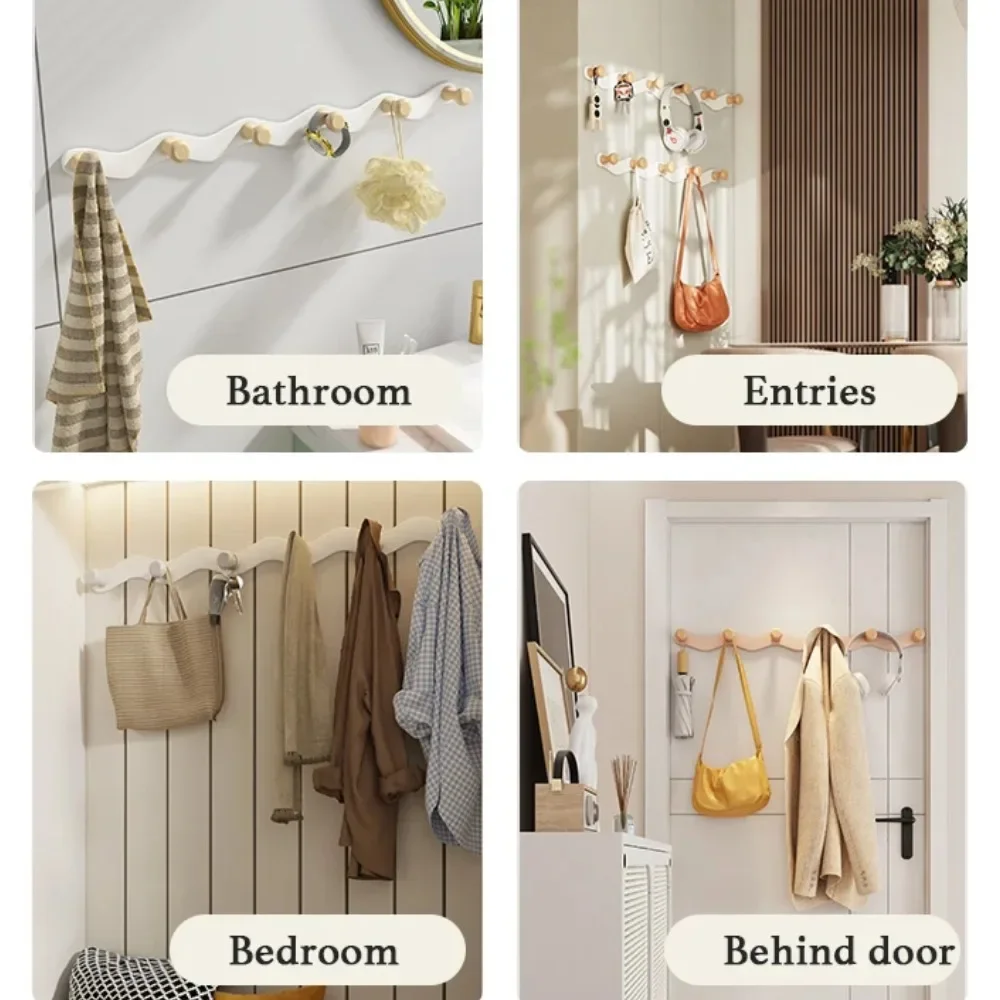 Wall Mount Coat Rack Porch Bathroom Clothes Hook Creative Wave Iron Hook Row No Punch Multi-Functional Wooden Hanger Coat Hooks