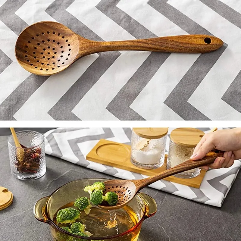 7-Piece Set Of Wooden Cooking Tools Natural Wooden Long Rice Spoon Soup Skimmer Thai Teak Natural Wood Tableware Kitchen Supplie