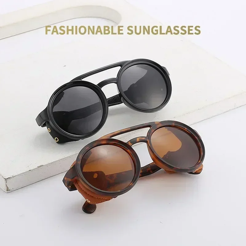 Steampunk Shields Unisex Round Sunglasses with Side Leather and UV400 Protection