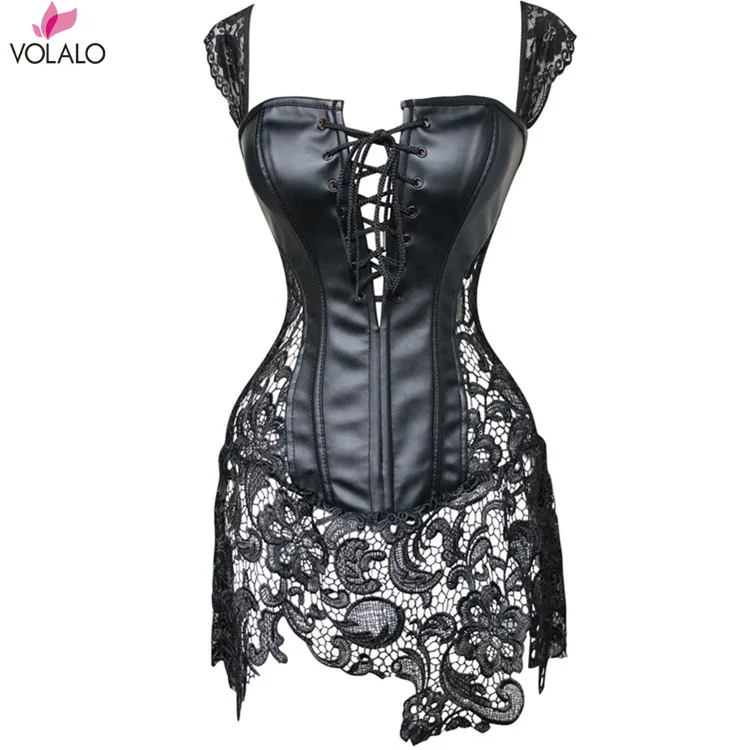 

VOLALO 2024 New Women Steampunk Faux Leather Waist Cincher Lace Up Boned Bustier Top Corset Dress Overbust Brocade Sexy S-6XL