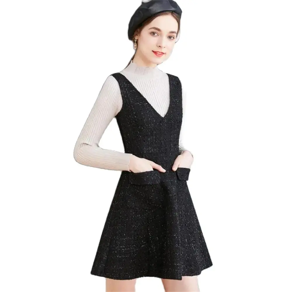 

Зимние элегантные серые шерстяные платья-жилеты для девушек с блестящими бусинами и цепочкой с V-образным вырезом, женское платье, осенние платья средней длины