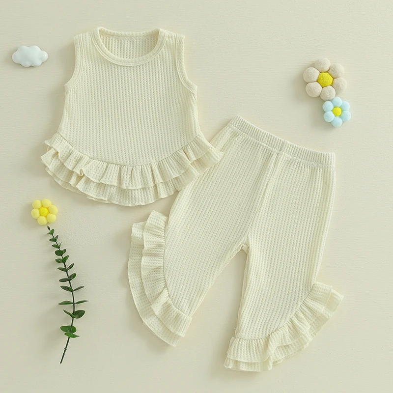 FOCUSNORM 0-4Y Fashion Kids Girls Summer Clothes Sets Solid Waffle Sleeveless Ruffled Tank Tops with Long Pants