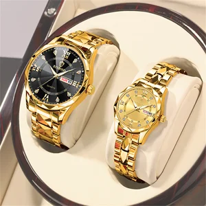 2pcs/set Authentic Luxury Couple Watch Golden Stainless Steel Lovers  Quartz Wrist Watches For Women Men Analog Wristwatch 2521