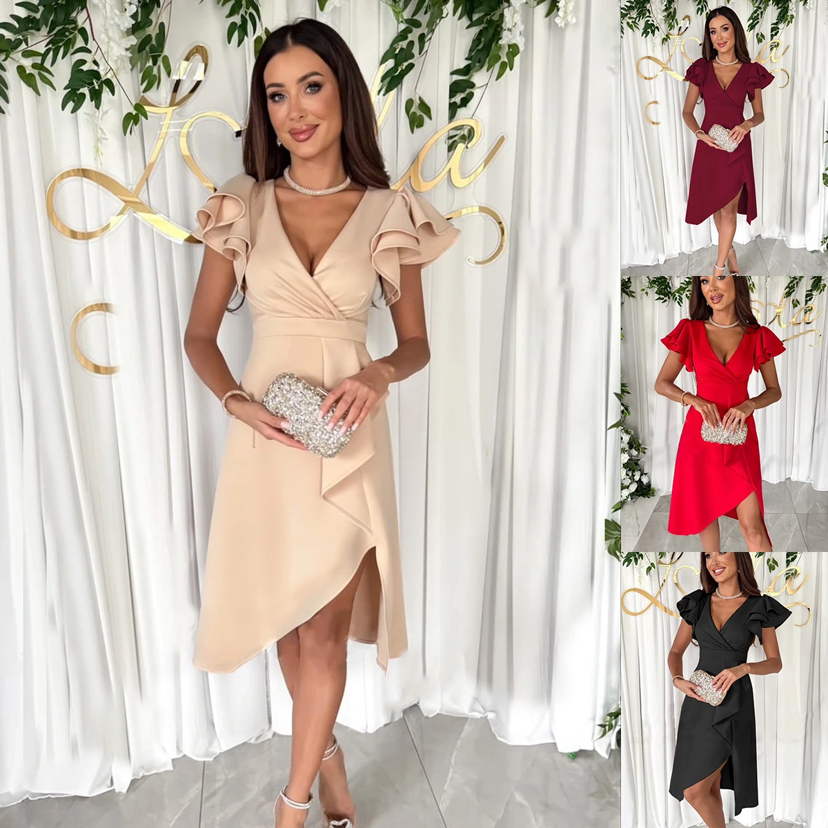 

Женское летнее однотонное платье с V-образным вырезом и оборками