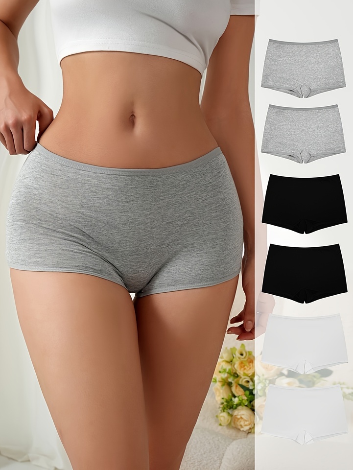 A set of 6-piece black, white and grey basic women's underwear, simple cotton boxer pants, and women's quadrangle underwear