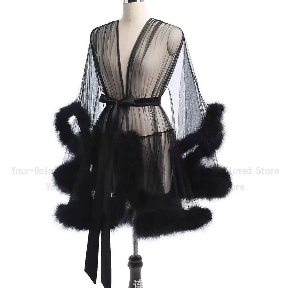 Sexy Feather Robe Seductive Mesh Bathrobe Fashion Long Sleeve Plush Spliced Thin Lingerie Female Underwear Nightgown Sheer Robe women sleepwear
