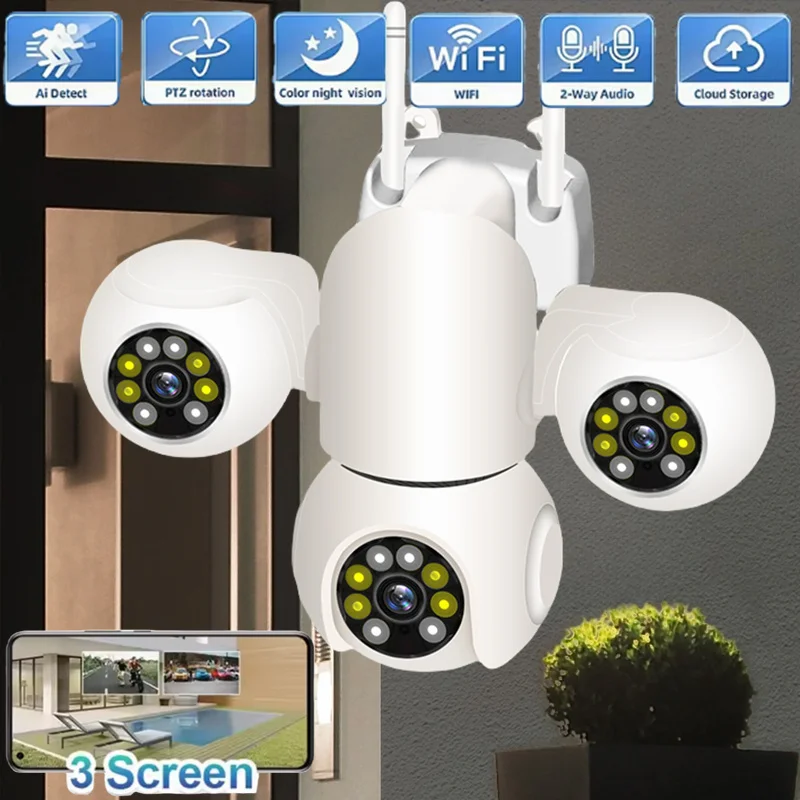 15MP HD IP Wifi Ai Tracking Security Alarm Two-way Audio CCTV Video Security Cam Camera PTZ Three screens Three lens Color Night 1