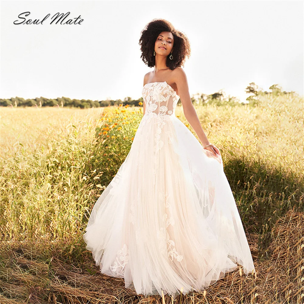 

Elegant Boho Lace Strapless A Line Wedding Dresses For Women Backless Bridal Gown White Appliques Bridal Dress Robe De Mariée