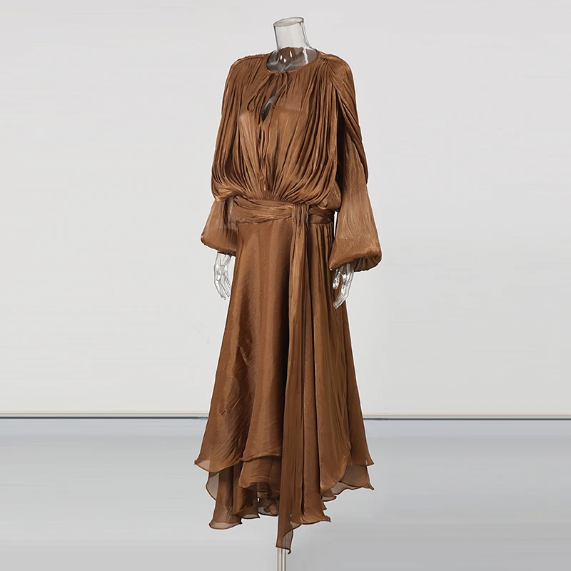 TWOTWINSTYLE Solid Loose Spliced Folds Elegant Dresses for Women Round Neck Long Sleeves Patchwork Lace Up Dress Female Fashion S16c12612bf28451589faec9e16ab0609L