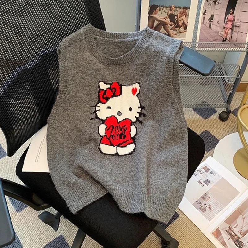 Sanrio Hello Kitty Knitted Vests Women's Korean Style Cute Cartoon