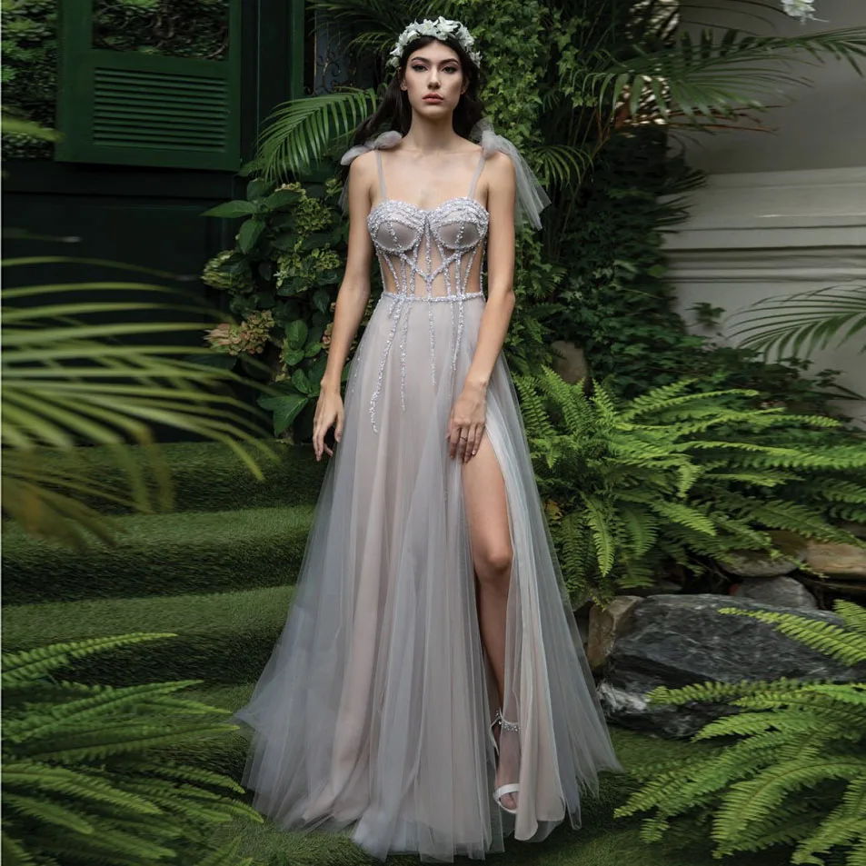 Contas de Espaguete Alças até o Chão Vestido de Festa Vestidos de Noiva Novo Boho Vestidos Tule Contas Tamanho Grande Fenda Sheer Sexy Vestido Feminino 2 Computers & Electronics