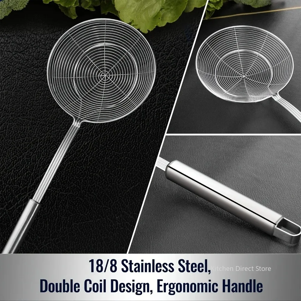 Thicken Reinforce Stainless Steel Fine Mesh Skimmer Spoon Multi-Function Spider Strainer with Long Handle Frying and Straining 2