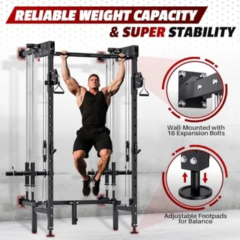 Folding Squat Rack Wall Mounted Power Rack with Cable Crossover Machine and LAT Pull Down MultiFunction SpaceSaving Power Cage 5