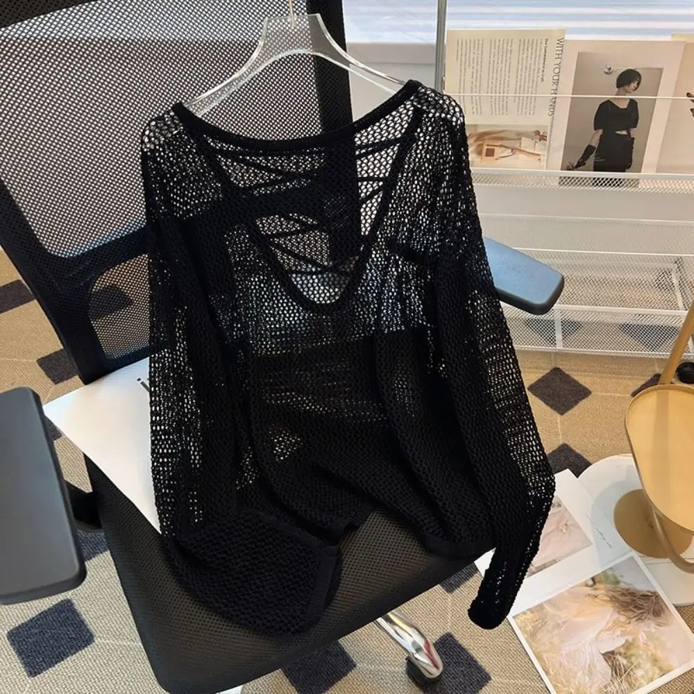 Stylish Casual Knitted Hollow Pullover Round Neck Beachwear Long Sleeve T Shirt Loose Stripe Crochet Top Women Beach 4