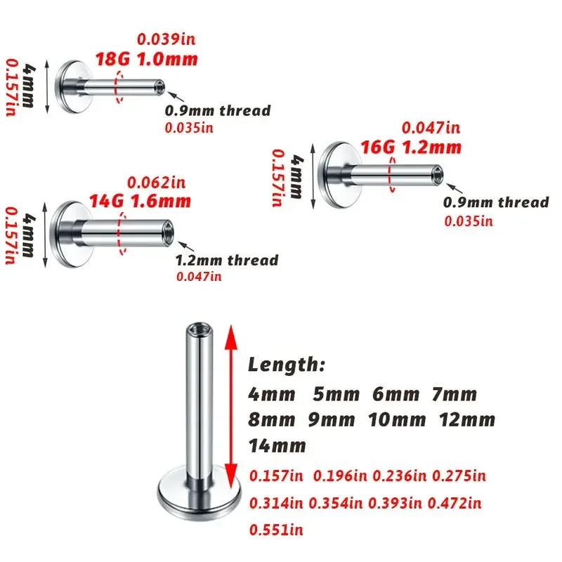 Piercing Jewelry 10PCS G23 Titanium Labret 16G 18G 4/14mm Rod Internal Thread Plug Septum Ear Lips Nose Piercing Tragus Body Jewelry Accessories