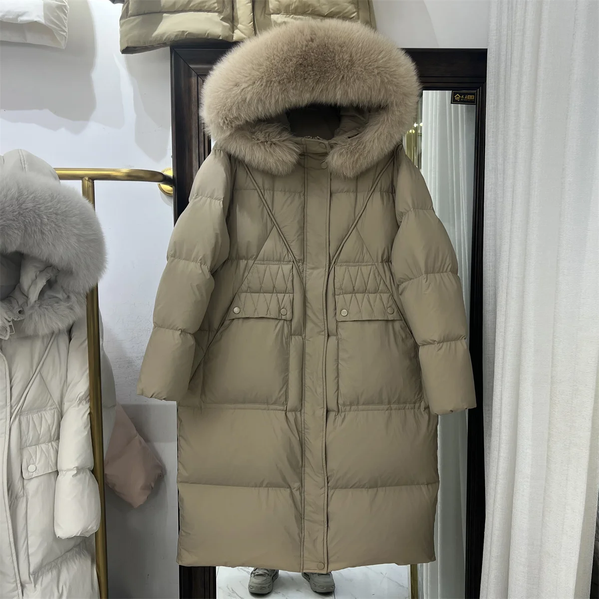 Mid-Length Over The Knee Hood Big Fur Collar White Duck Down Coat Female 2023 Winter New Thick Loose Puffer Jacket Women