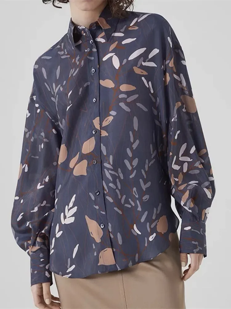

Women's Shirt 2023 New Printing Silk Beading Chain Turn-Down Collar Loose Vintage Lantern Sleeve Blouse