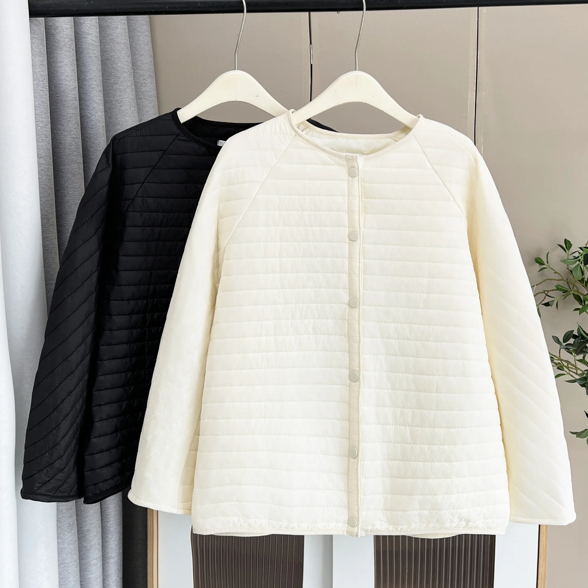 XXXXL Fashion Plus Size Women's Parkas Autumn And Winter New Simple Collarless Thin Padded Jacket Warm Casual Striped Coat 1740