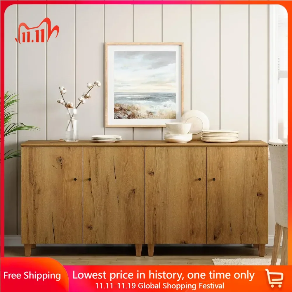 70.8" Wide Sideboards Set of 2 with 4 Doors, 6 Compartments, Wooden Credenza Storage Cabinets, Modern Sideboards