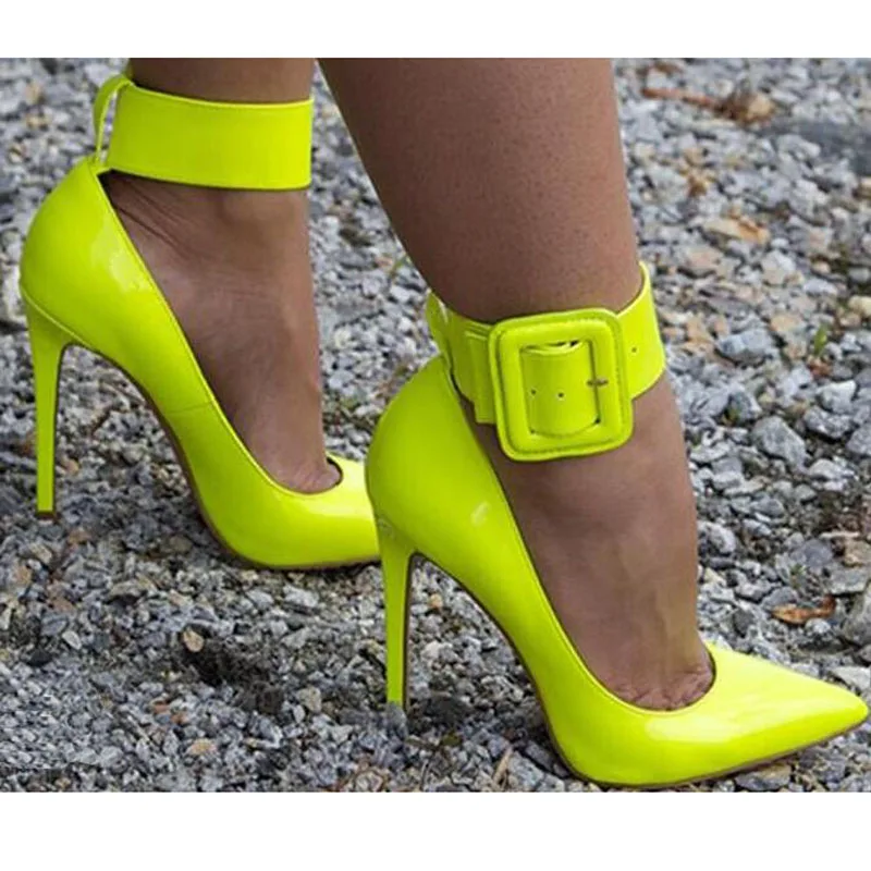 

Thicken Ankle Buckle Ladies Sexy Pointy Toe Pumps Fashion Neon Patent Leather Ladies High Heels White Python Leather Stiletto