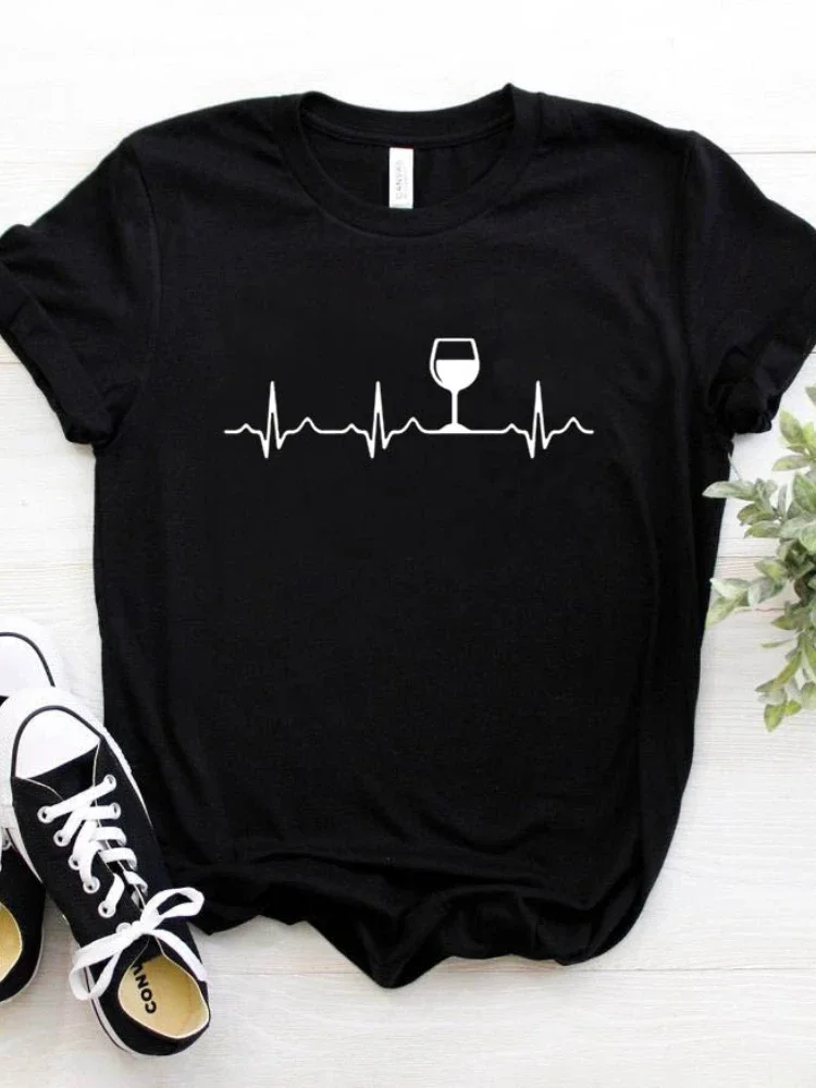 Maglietta Con Stampa Battito Cardiaco Vino Donna Manica Corta O Collo Maglietta Allentata Estate Donna Maglietta Causale Top Camisetas Mujer