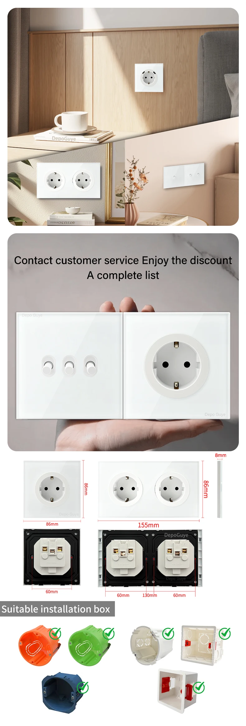 Wall Toggle Light Switch EU FR Standard White Glass Panel European Power Socket S16c219ac4fdf451284da92e16304c263s
