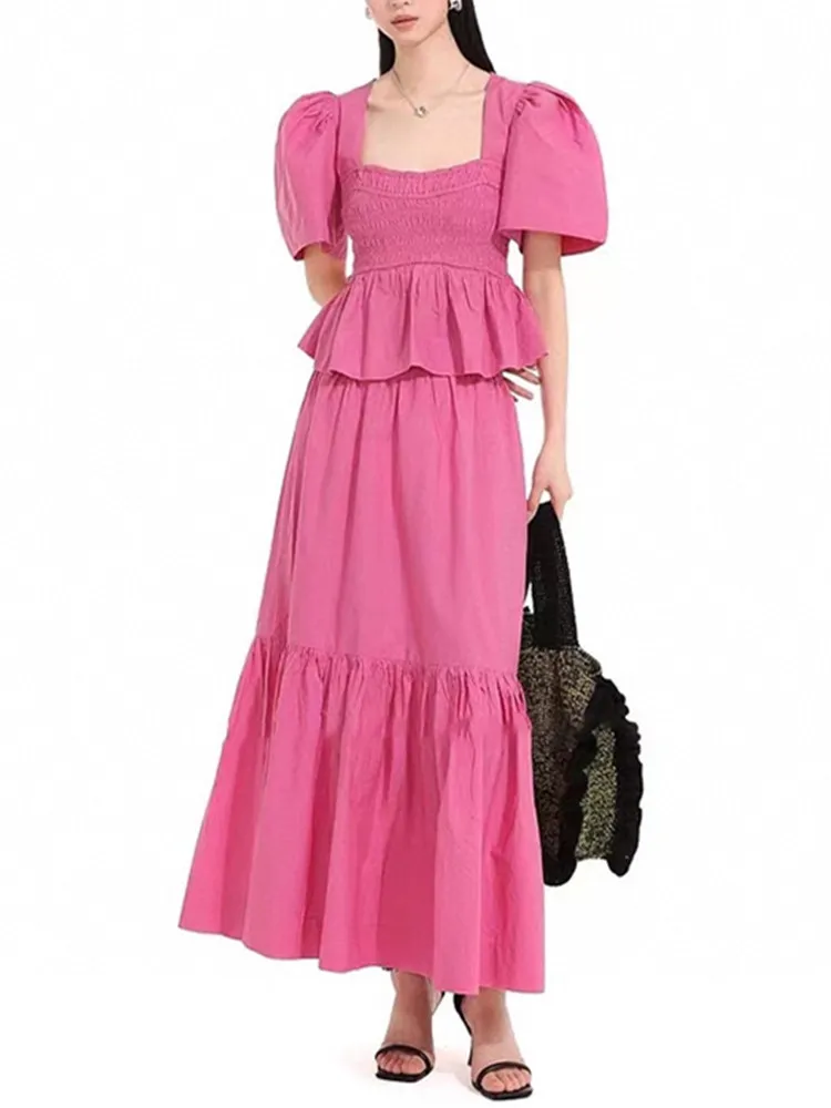 

100% Cotton Women Solid Color Set Spring New 2024 Female Short Sleeve Square Collar Short Shirt and A-Line Pleated Midi Skirt