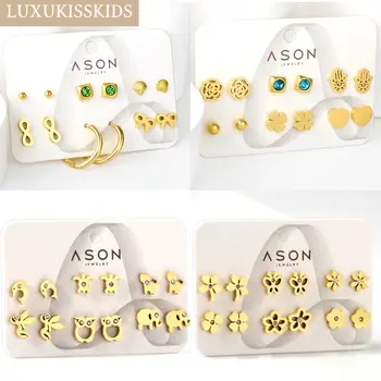 LUXUKISSKIDS 한국 패션 스터드 귀걸이 세트, 작은 작은 외과 스틸 귀 피어싱, 어린이, 소녀, 여성, 남녀공용, 카드 당 6 쌍, 신제품