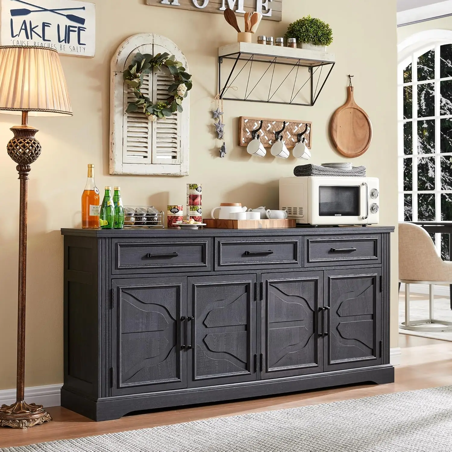 66" Large Buffet Sideboard Cabinet with 4 Doors and 3 Drawers, Buffet Table Coffee Bar Wine Bar Storage Cabinet for Dining Room